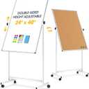 Rolling Whiteboard Corkboard Combo with Stand 24"x40", Double-Sided Mobile Dry Erase Bulletin Board on Wheels, Reversible Height Adjustable Standing Board for Home & Office