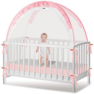 Crib Tent - Crib Net to Keep Baby in - Stop Baby from Climbing Out of Crib, Pop Up Crib Tent with Durable Breathable Net Double Zipper Strong Rods Installation (Pink, Large)