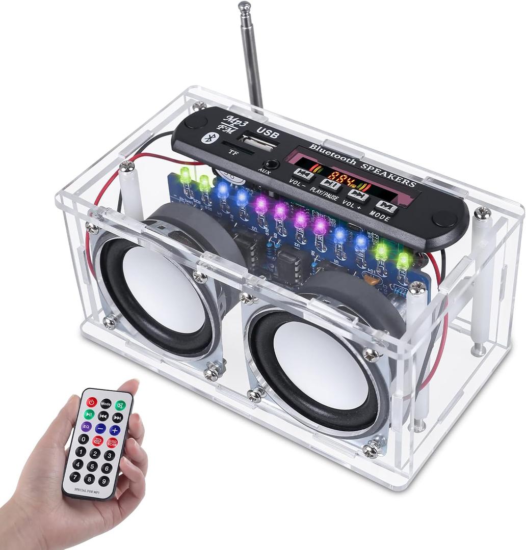 DIY Bluetooth-Compatible Speaker Kit,Recording Function FM Radio Soldering Practice Kit with LED Spectrum,TF/AUX/Bluetooth/USB Support,Remote Control Soldering Project for Indoor/Outdoor Use