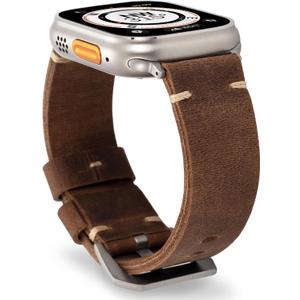 Handmade Double Sided Leather Bands Compatible with Apple Watch Ultra 3/2/1 Band 49mm 46mm 45mm 44mm 42mm 41mm,Men Retro Design Genuine Leather Band For iWatch Series SE 11 10 9 8 7 6 5 4 3 2 1 (Brown/Titanium)