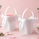 2 Pcs Flower Baskets for Wedding Ivory Flower Basket with White Satin Bowknot and Handle Metal Wedding Pails for Ceremony Petals Confetti Storage