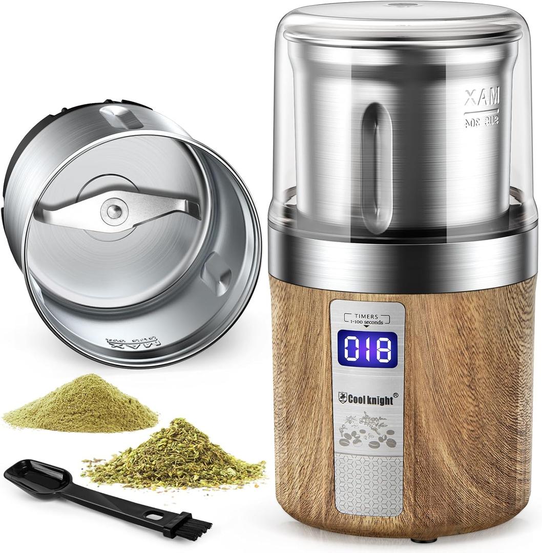 COOL KNIGHT Herb Grinder, Spice Grinder, Electric Grinder with Timer, 304 Stainless Steel Blades and Removable Stainless Steel Bowl, Large Capacity for Quick Grinding of Spices,Herbs,Coffee Beans,etc (Wood Grain 3)