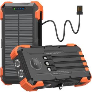 GOODaaa Solar Power Bank, 42800mAh Portable Charger 20W Fast Charging External Battery Pack Built in 4 Cables, Wireless Charging Power Bank for Apple Watches with Flashlight, Carabiner,Thermometer (Orange)