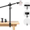 Overhead Camera Mount Desk Stand, Camera Arm Desk Mount Clamp Stand with 360Adjustable Magic Arm, Webcam Arm Mount Stand w Ballhead Phone Mount for Desk Logitech Microphone Video Light Cell Phone (1DFPGBL)