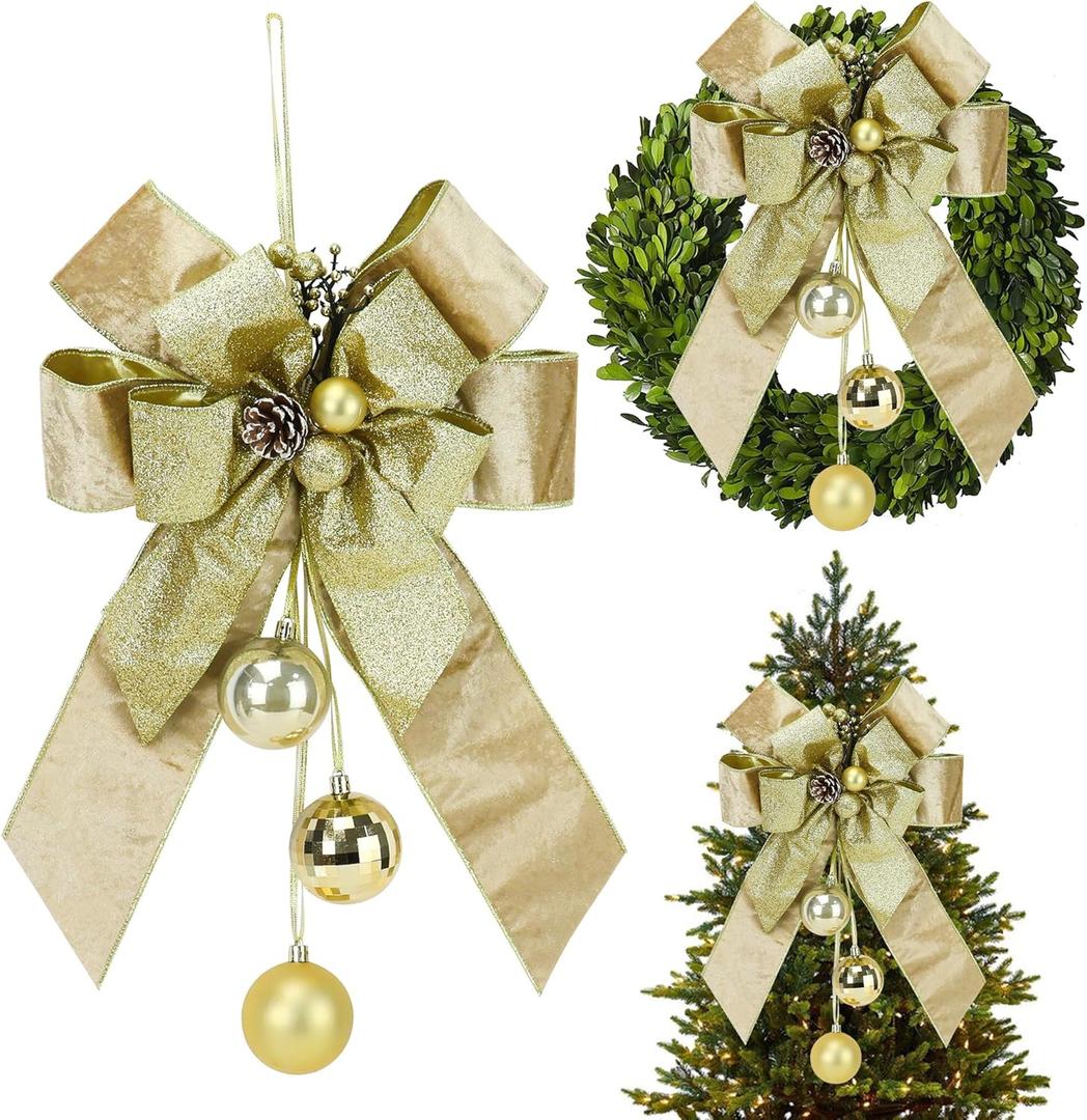 AIMUDI Champagne Gold Christmas Tree Topper Bows 11 x 16 Inches Gold Glitter Bows for Christmas Tree Decorations Velvet Ribbon Bows with Baubles for Wreath, Door, Cabinet, Staircase, 1 PC