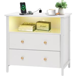 27 Inch Wide Night Stand, Large Wood Night Stand with 2 Drawers, LED Nightstand with Charging Station and Adjustable Drawer, Bedside Table for Living Room/Bedroom/Study/Office, White.