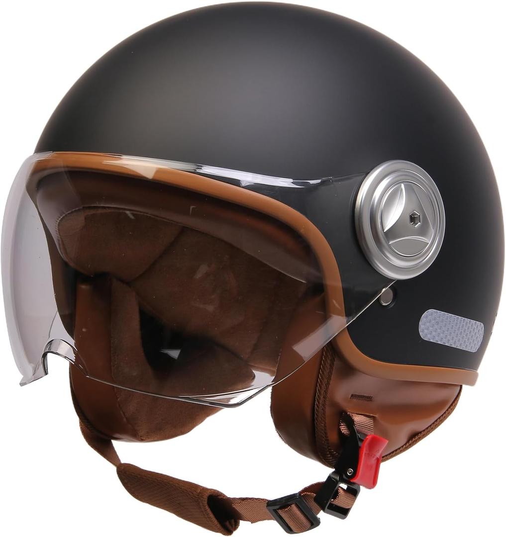 Men Women Open Face Motorcycle Helmet Aldult Retro German 3/4 Motorbike Half Helmet FMVSS 218 DOT Approved Vintage Skull Cap Helmet Fashion Lightweight Scooter Cruiser Chopper Moped Helmet (Black)