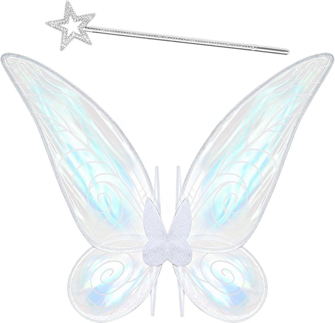 2 Pcs Fairy Wings Adult Women,Butterfly Wings and Wand,Fairy Wings Costume for Adults Girls Halloween Dress Up (White)