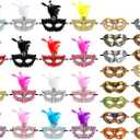 Sratte Mardi Gras Couple Masquerade Mask with Feather Flower Unisex Half Face Venetian Mask for Carnival Parade Valentine, 32 Pcs