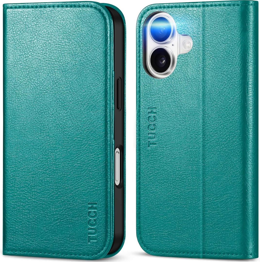 TUCCH Case for iPhone 16, PU Leather Flip Wallet Stand Folio Cover with [RFID Blocking] [3 Credit Card Slot] Shockproof [Soft TPU Interior Case] Compatible with iPhone 16 2024, Cyan