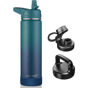 CIVAGO 24 oz Insulated Water Bottle With Straw, Stainless Steel Sports Water Flask Cup with 3 Lids (Straw, Spout and Handle Lid), Double Walled Travel Thermal Canteen Mug, Dark Night (Classic Deep Cyan)