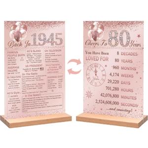 Vlipoeasn Pink 80th Birthday Table Decoration for Women, Vintage 1945 Poster, Large Rose Gold Back in 1945 Acrylic Table Sign with Stand, 80th Class Reunion Decor, 80 Year Old Birthday Party Supplies
