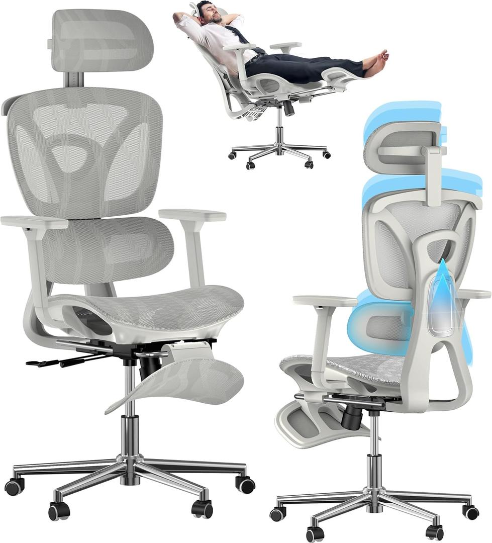 Ergonomic Mesh Office Chair with Foot Rest, Big and Tall Computer Chair with 3D Adjustable Headrest and 4D Armrest, 350 LBS Capacity Reclining Wide Home Office Desk Chairs (Grey)