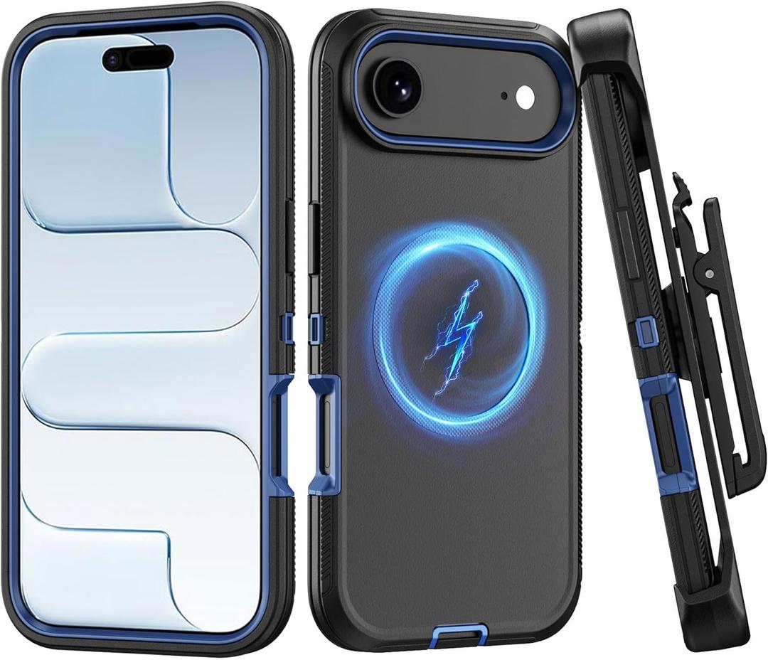 Compatible with iPhone 17 Air Case, with Belt Clip Holster Heavy Duty Rugged Shockproof Magnetic Wireless Charging Full Body Protection Kickstand Cover for iPhone 17 Air Phone Black+Blue