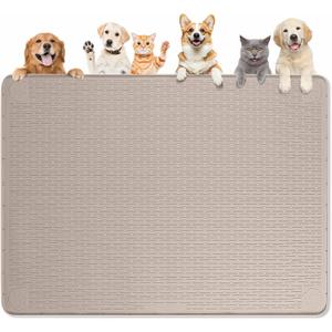 Dog Food Mat, Extra Large 50" x 35" Silicone Pet Feeding Mat with Raised Edge Pet Placemat for Small, Medium, and Large Pets Non-Slip, Easy to Clean (Khaki)