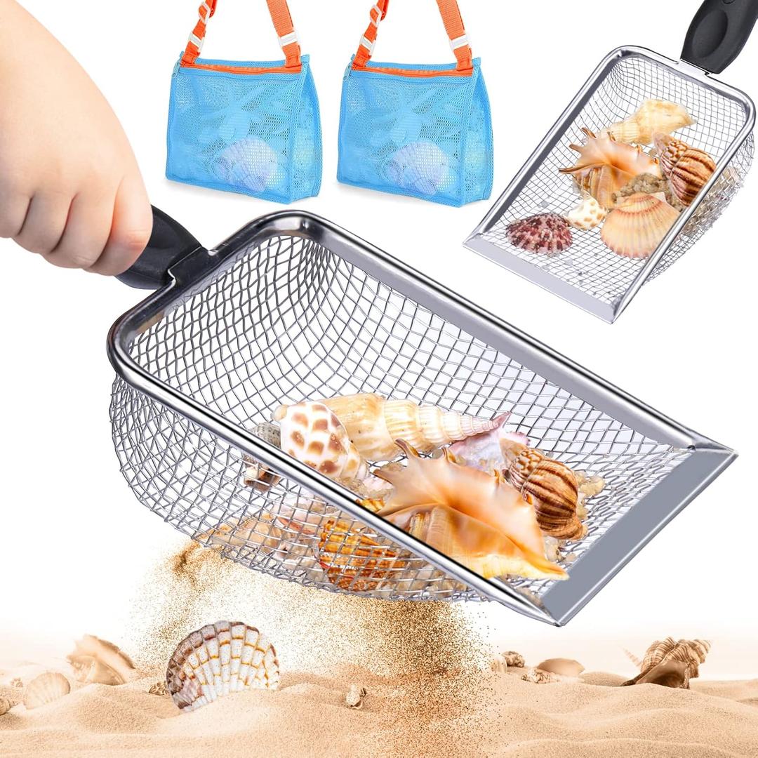 2 PCS Beach Mesh Shovel with 2 PCS Mesh Beach Bag for Filter Sand, Kids Shell Collecting Scooper for Picking Up Shells, Shark Tooth Sifter for Boys and Girls, Beach Toy
