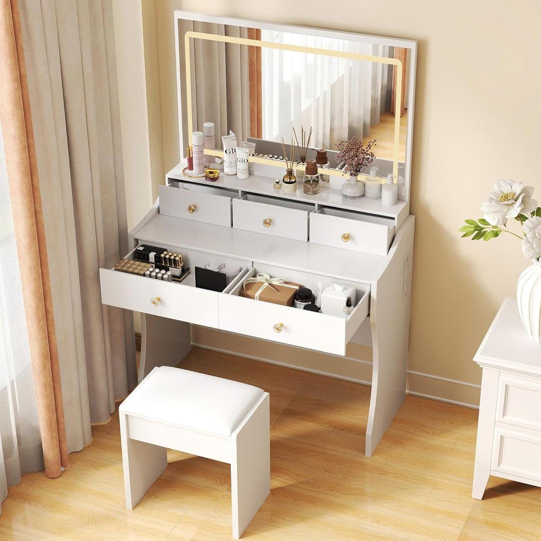 COMHOMA Makeup Vanity Desk with Mirror and Lights, Vanity Table and Chair Set with 5 Drawers and Charging Station, Bedroom Dresser LED Mirror Stepless Dimmable & 3 Color Modes Adjustable, White
