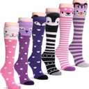 TRUEHAN 6 Pairs Girls Knee High Socks 3-12 Years Cartoon Animals Warm Cotton Long Tall Boot Socks (Cute Animal 02)