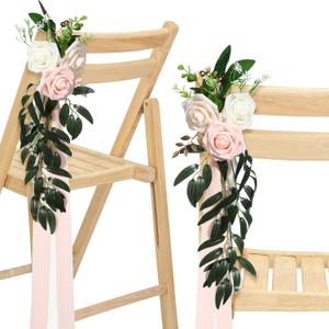 Hoteam 16 Pcs Wedding Aisle Decorations for Wedding Ceremony Pew Artificial Flowers Rose for Church Chair Back Floral with Eucalyptus Leaves and Ribbons Ceremony Party Decor(Pink, Beige)