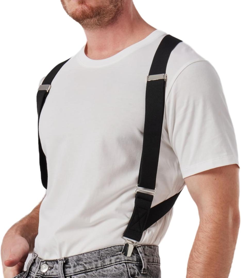 2 Clips Men's Suspenders X-Back Clip-On Elastic Braces for Formal and Casual Wear (Black)