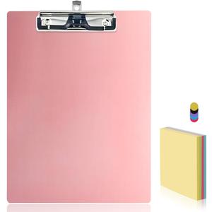 Aluminum Office Clipboard Metal Stainless Hangable Pen Holder Low-Profile Clip Letter Size A4 9" x 12.6" with Sticky Note for School Business Medical Professionals (Pink, A4)