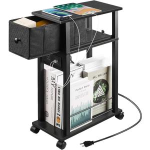 Narrow Side Table (1PC) - Black End Table with Overload Protection, Charging Station Drawer & 4 Wheels, Mobile Storage Nightstand for Bedroom Studio Apartment (1 AC + 2 USB Ports)