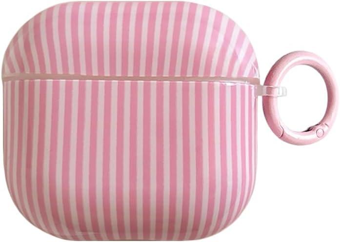 Pink and White Striped case for AirPods 4th | Chic Kawaii Cute Aesthetic Vertical Stripes with Keychain Design | Classic Retro Girly Slim Shockproof Protection Cover | Girly Gift for Women