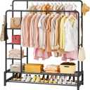 JOISCOPE 47'' * 67'' Heavy Duty Clothes Rack, Double Rods Clothing Racks for Hanging Clothes, Garment Rack with 5 Tier Closet Shelves & 4 Hooks for Clothing Storage, Metal Black Clothing Rack