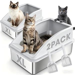 2 Pack Stainless Steel Litter Box | XL Enclosed Cat Litter Boxes with Lid for Big Cats and Multi-Cats | High Sided, Anti-Urine Leakage | Non-Stick BottomIvory White
