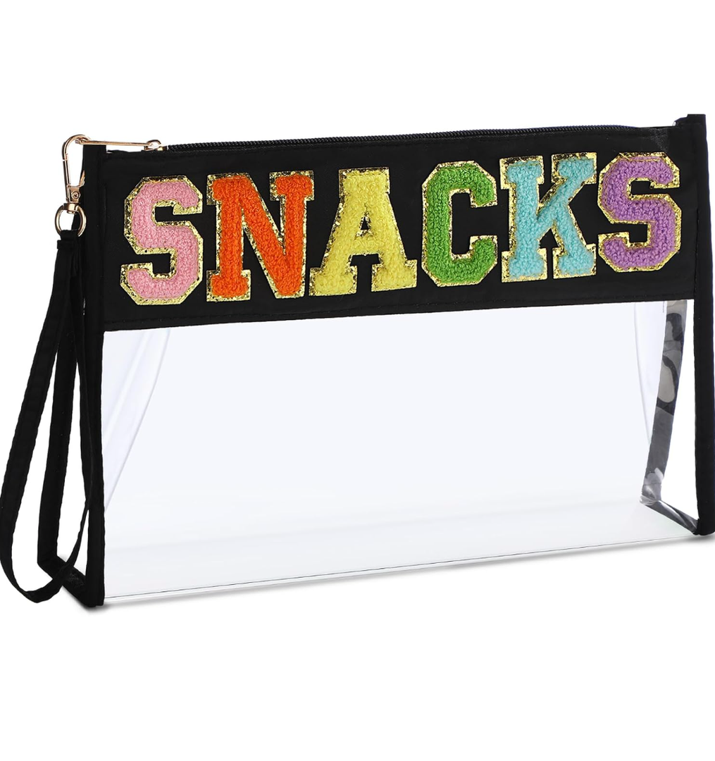 Remerry Clear Chenille Letter Makeup Bag Stand up Snack Bags Preppy Cosmetic Pouch Expandable Clear Travel with Wrist Strap Zipper Portable Multipurpose PVC Nylon for Women Travel(Black,Snack)