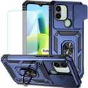 Case for Redmi A1 Plus Case, Redmi A1+ Case with Tempered Glass Screen Protector and Slide Camera Cover, 360 Rotate Ring Stand Magnetic Cover for Xiaomi Redmi A1+ Blue