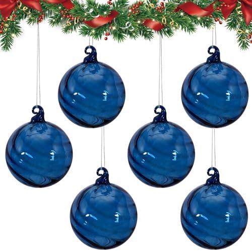 6PCS 3.15-Inch Hand-Blown Glass Hanging Christmas Tree Ornaments Clear Glass Balls for Holiday Dcor Elegant Vintage-Style Hanging Ornament Set for Tree, Garland, or Window(Blue)