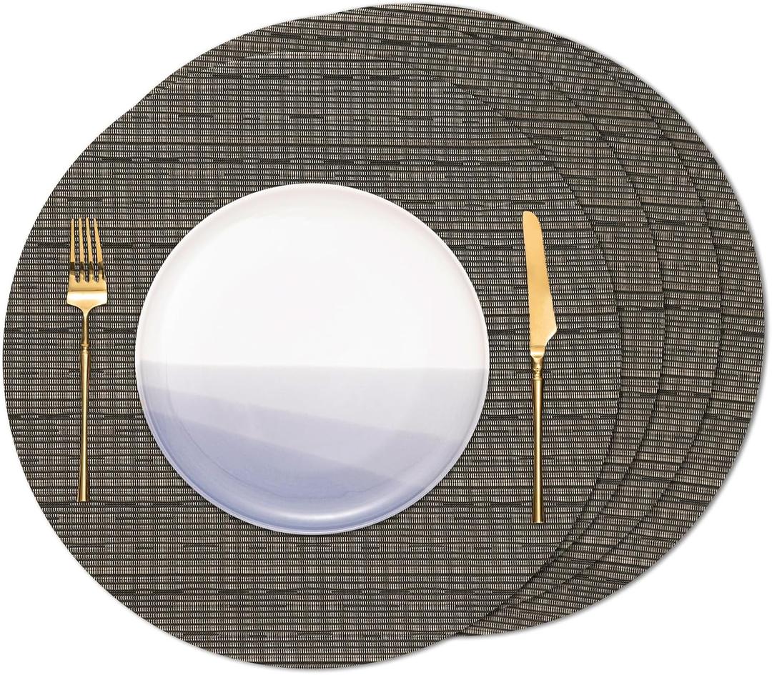 Round Placemats Set of 4 Heat Resistant Vinyl Placemats 15 inch Washable Non-Slip Table Mats Woven Place Mats for Dining Table (Black + Golden, Set of 4)