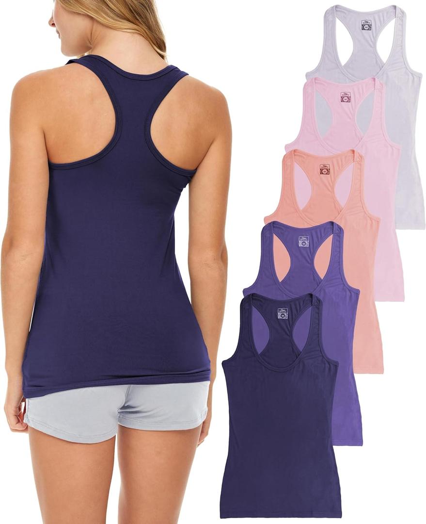 Sexy Basics Women's 5 Pack Racerback PowerFlex Tank Tops/Cotton -Spandex Stretch Color Tank Tops (L)