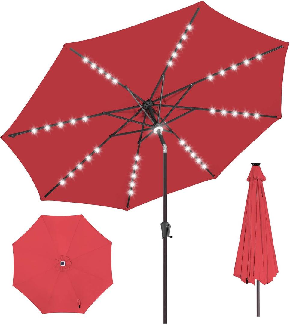 9FT Solar Umbrella Outdoor - Lighted Solar Patio Umbrella with 40 LED Lights Waterprool UV Protection, Table Umbrella with Tilt for Pool, Porch, Garden, Deck, Backyard (Red)