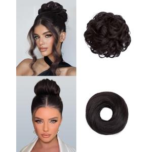 2PCS Messy Bun Hair Piece-Large Wavy Curly & Donut Updo Hair Pieces Set, Scrunchies Synthetic Chignon Ponytail Extensions Thick Updo for WomenBrown Black