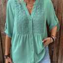 MSHING Women's Plus Solid Color Casual top 3/4 Sleeve V-Neck Hollowed Out Embroidered Button up Shirt (Green, XXXL)