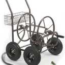 Liberty Garden Residential Grade Four Wheel 250 Foot Capacity Steel Frame Water Hose Reel Cart with Basket for Backyard, Garden, or Home, Brown, Bronze
