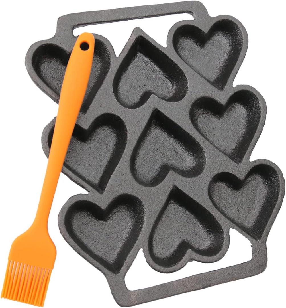 Heart Shaped Cake Pans, Heart Shaped Egg Pan, Fused Glass Heart Molds, 9 Molds Cast Lron,Mini Cake Pan, 1 Baking Tray, 1 Oil Brush(2 Piece Set)