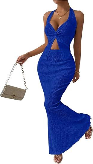 SOLY HUX Women's Two Piece Outfits Twist Front Halter Cami Tops and Skirt Summer Set M/L