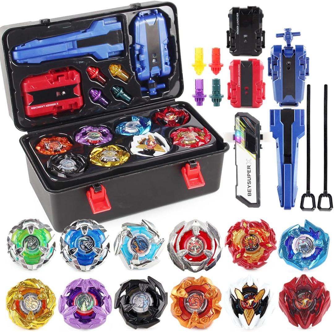 Battling Top Set, X Burst Gyro Toys 12 Spinning Tops 3 Launchers Combat BX Battling Game with Portable Storage Box Gift for Kids Children Boys 0671