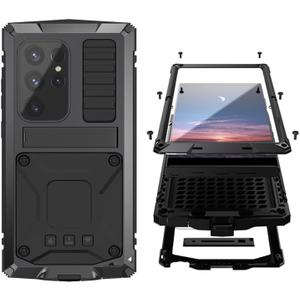 Simicoo Compatible with Samsung S24 Metal Bumper Silicone Case with Stand Built-in Screen Protector Gorilla Glass Hybrid Durable Military Shockproof Heavy Duty Rugged Full Body Camera Cover (Black)