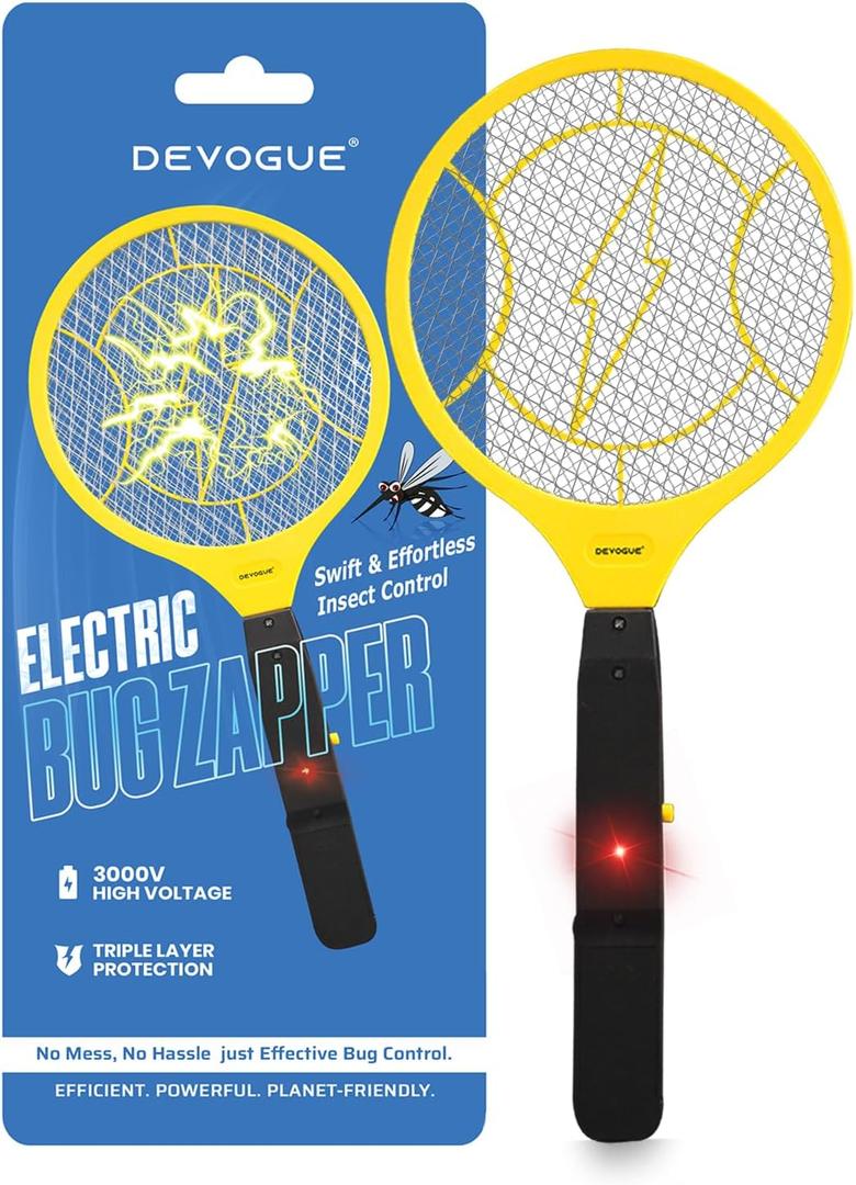 DEVOGUE Electric Fly Swatter - Weight Like Apple - 2AA Battery Powered (not incl.) - 3-Layer Protection Grid Bug Zapper Racket for Home Bedroom Kitchen Office Backyard Patio Indoor Outdoor