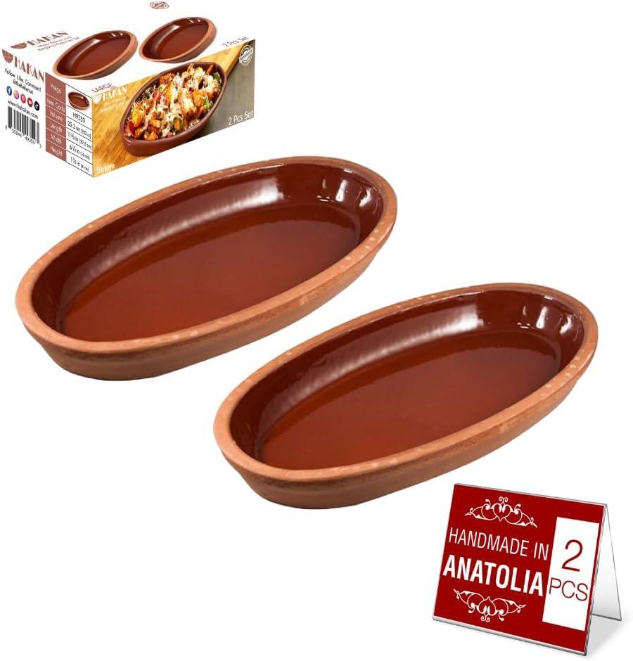 Hakan Bergama Handmade Oval Clay Pan Set of 2 | Terracotta Pans Glazed Inside | Casserole Dishes for Oven Baking | Traditional Earthenware Clay in Box, Large, 4.8 x 10.25 x 1.5-inch 13.5 Oz (400 cc)