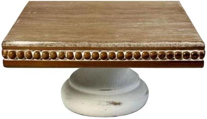 White Wash Display Wood Riser, 8.25 inch Shabby Chic Pedestal Tray Decor with Beads, Farmhouse Display Stands for Coffee Bar, Bathroom, Kitchen Island (Square)
