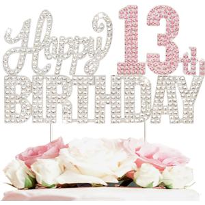 Happy 13th Birthday Silver & Pink Rhinestone Cake Topper - Cheers to 13 Years Old Thirteen Bday Metal Sparkly Cake Centerpieces Topper Decorations Sign.