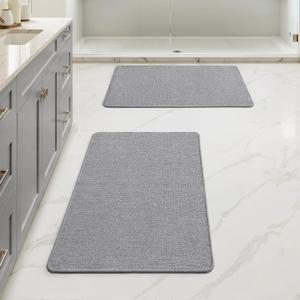 MIULEE Set of 2 Ultra Thin Bathroom Rugs, Rubber Bath Mats for Bathroom Non Slip, Quick Dry Absorbent Bath Rug Machine Washable, Fit Under Door, Shower, Sink, Home Decor, Grey, 17x27 Inch