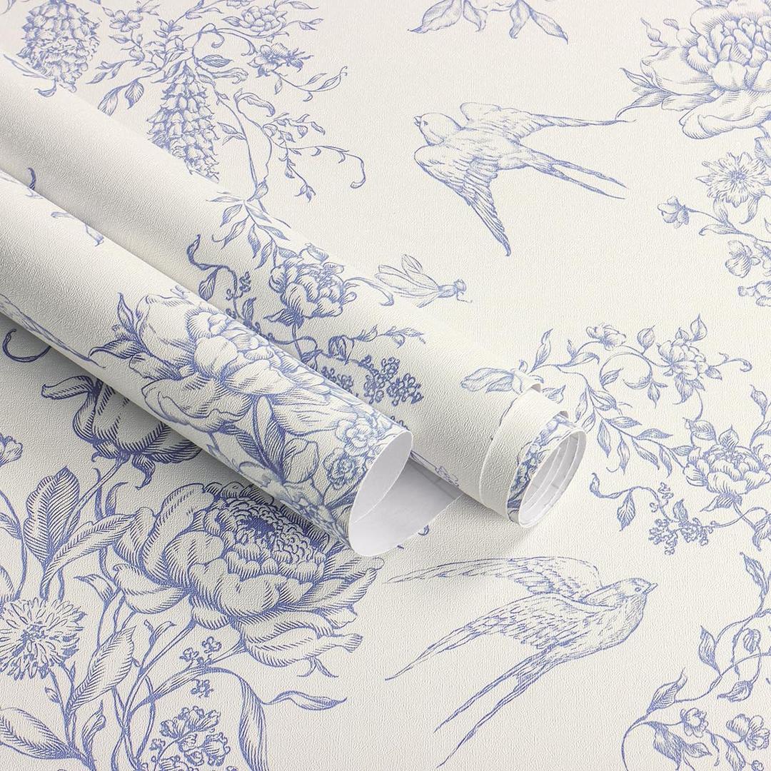 Floral Peel and Stick Wallpaper Vintage Contact Paper 16.9"x 118.1" Cream White and Blue Wallpaper Peel and Stick Floral Birds Self Adhesive Removable Wall Paper for Bedroom Bathroom Vinyl