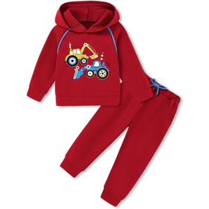 Coco&RARA Toddler Boy Clothes Outfits Long Sleeve Hoodie Sweatshirt Pants Set 2PCS Baby Boys Fall Winter Sweatsuit (Red + Tractor, 4-5 Years)