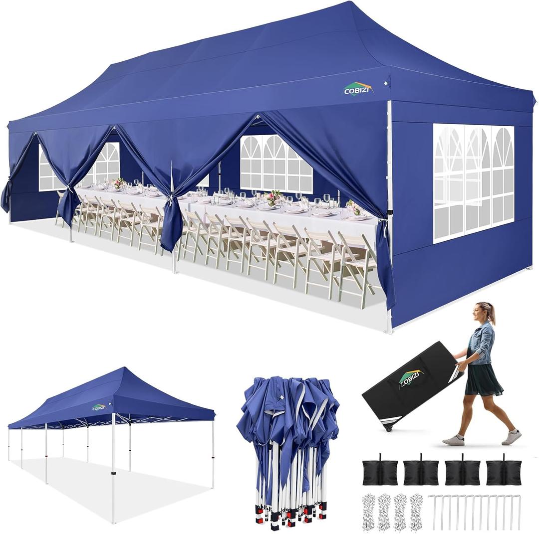 COBIZI 10x30 Pop up Canopy with 8 Removable Sidewalls, Outdoor Gazebos Waterproof Commercial Tents for Parties Wedding, with Upgrade Raised Top Cover and Roller Bag, with 4 Sandbags(Black) (Deep Blue)